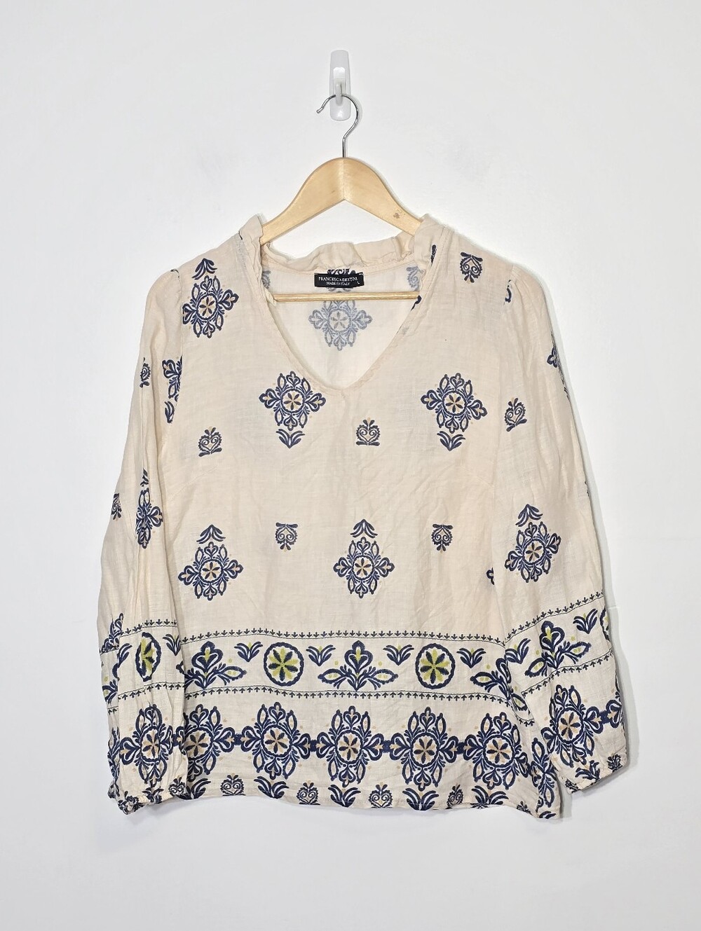 Francesca Bettini Ivory Blue Print 100% Linen Made In Italy Lightweight Large